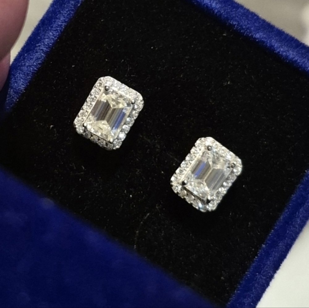 GRA 2 Carat * Total Emerald-cut Halo Pave Moissanite Stud Earrings * New
